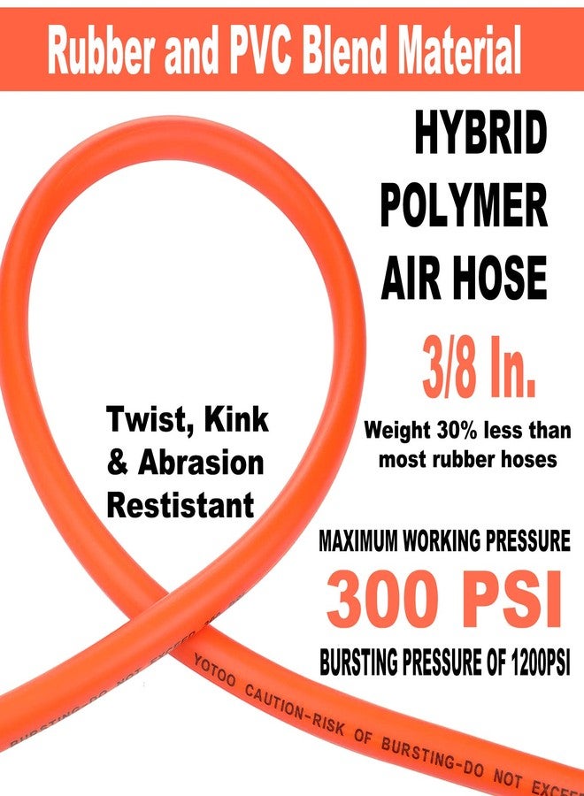 YOTOO Air Hose 3/8 in. x 25 ft, 300 PSI Heavy Duty Hybrid Air Compressor Hose, Lightweight, Kink Resistant, All-Weather Flexibility with 1/4-Inch Industrial Air Fittings and Bend Restrictors, Orange - Image 3
